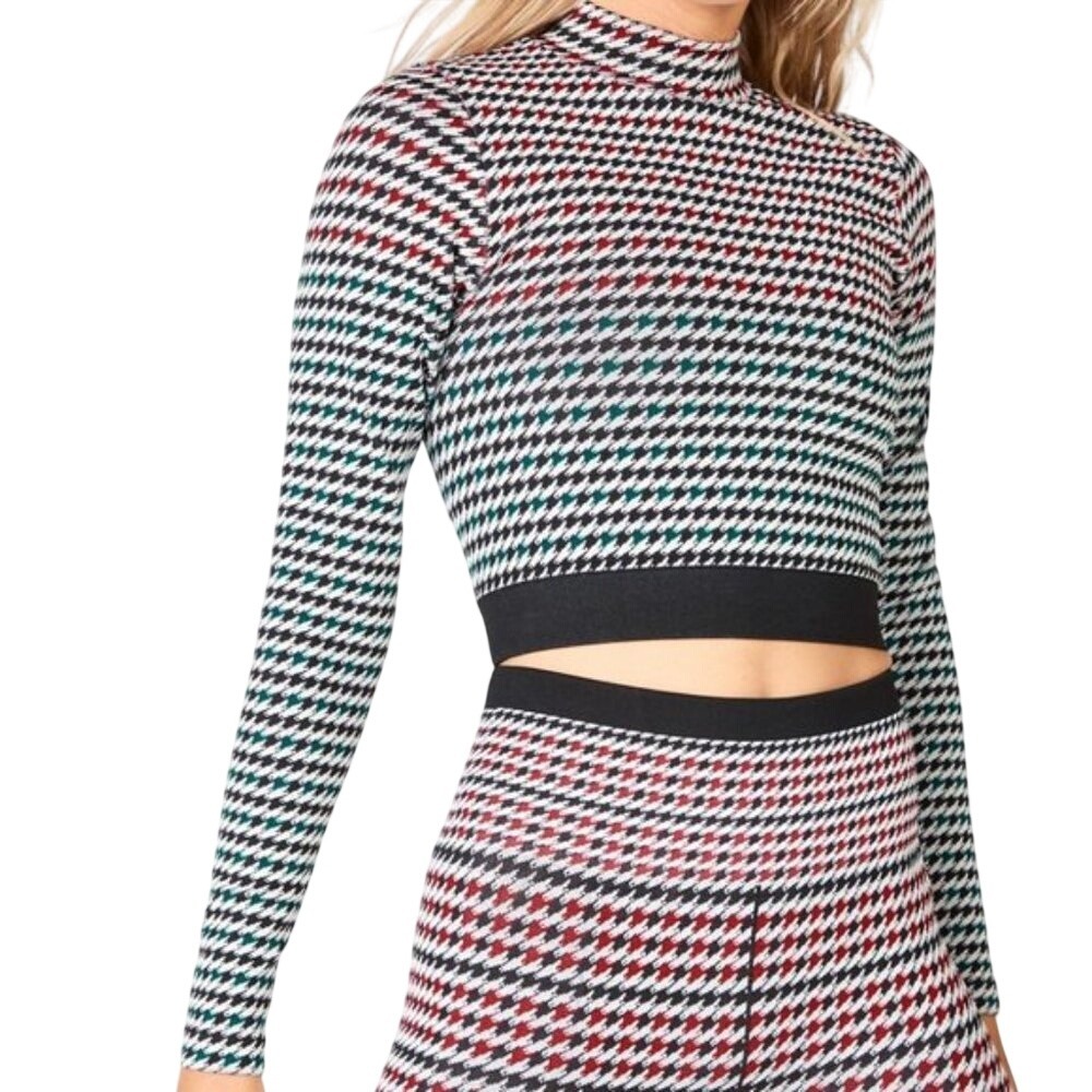 Houndstooth Crop Long Sleeve Athletic Compression Top Athleisure Gym Yoga Large